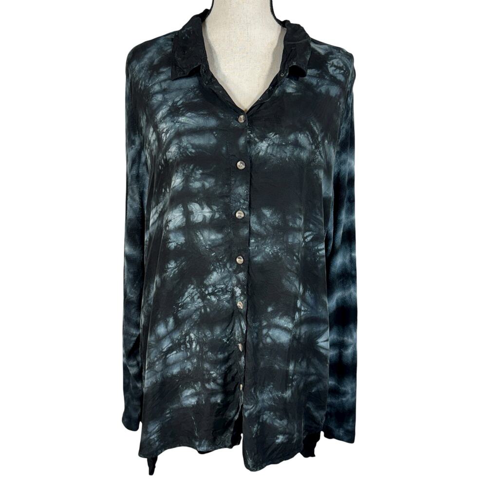 Soft Surroundings 1X-Large Top Tie-Dye Hi-Low Hem Button-Up Long Sleeve Stretch